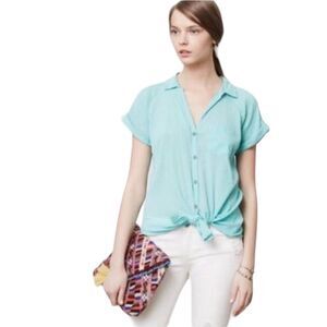 Anthropologie Hei Hei Short Sleeve Button Down Blouse Size XS Roll Tab Sleeves